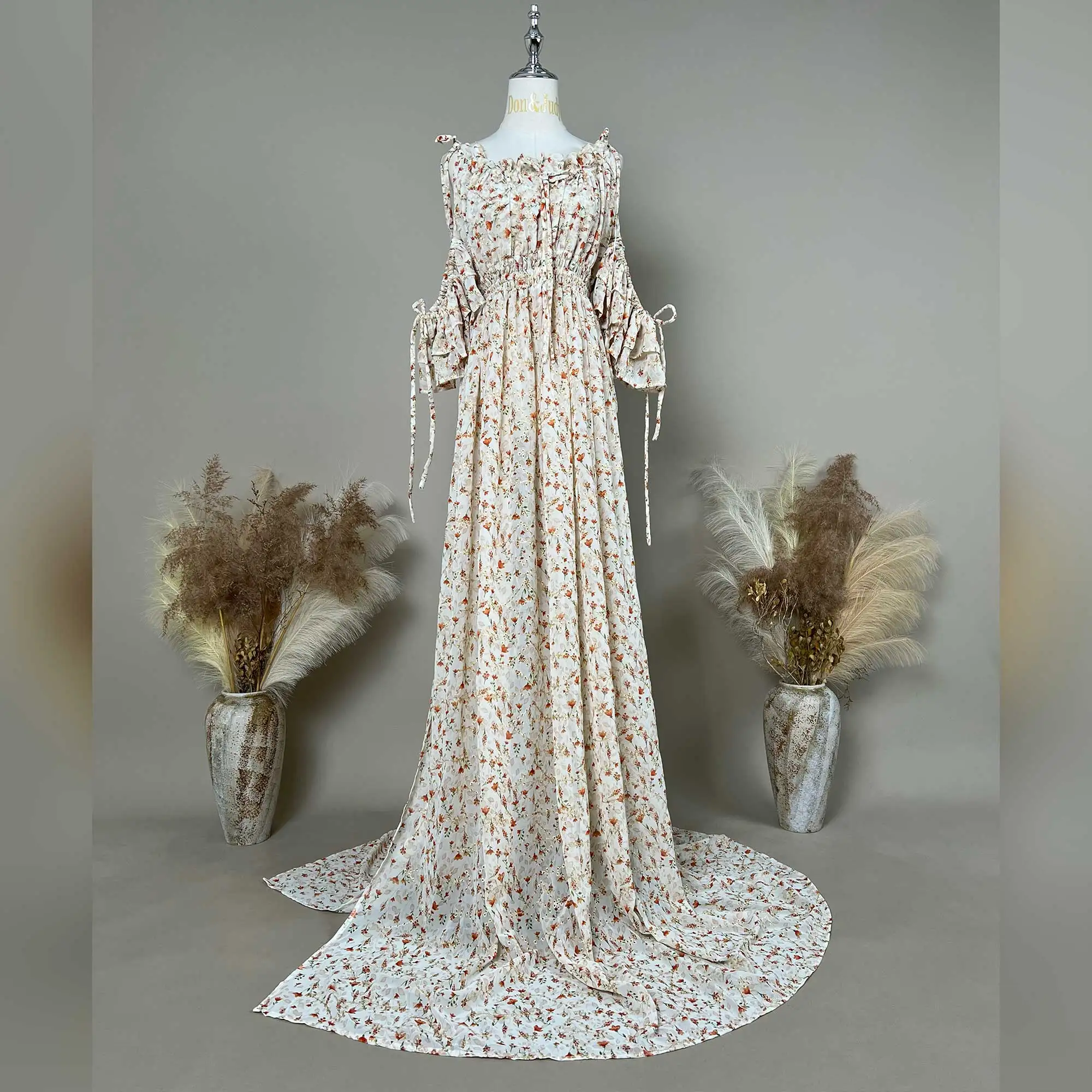 

Don&Judy Orange Floral Eyelet Embroidery Chiffon Tie Strap Side Slit Dress Maternity and Non-maternity Gown Photography Dress