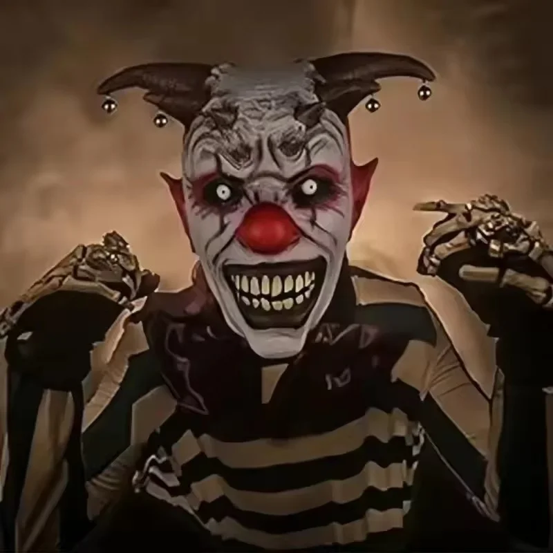 

2025 New Horror Halloween Clown Mask Scary Cosplay Full Face Latex Mask with Bells Joker Masks Halloween Party Supplies