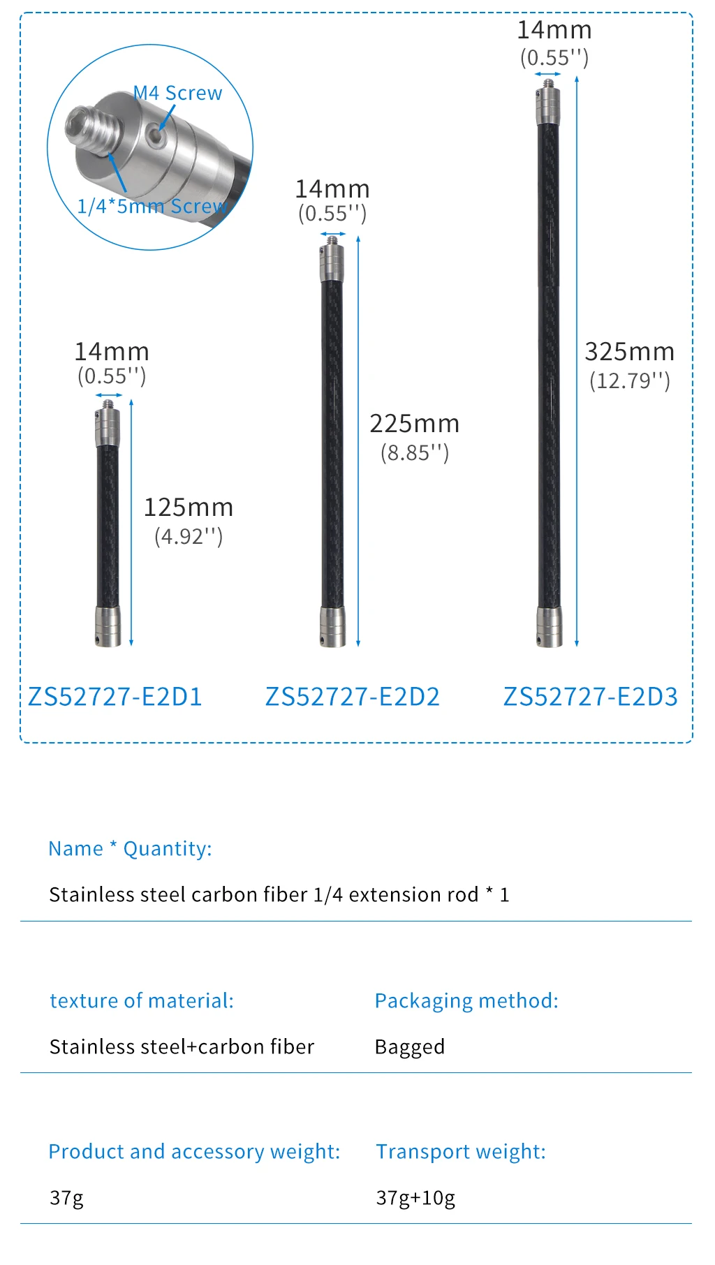Carbon Fiber Extend Pole 1/4 Selfie Stick 12mm Unsichtbare Stange für Gopro DJI OSMO 360 Insta360 Kamera Helm einbeinstativ Verlängerung Arm – Detail 7