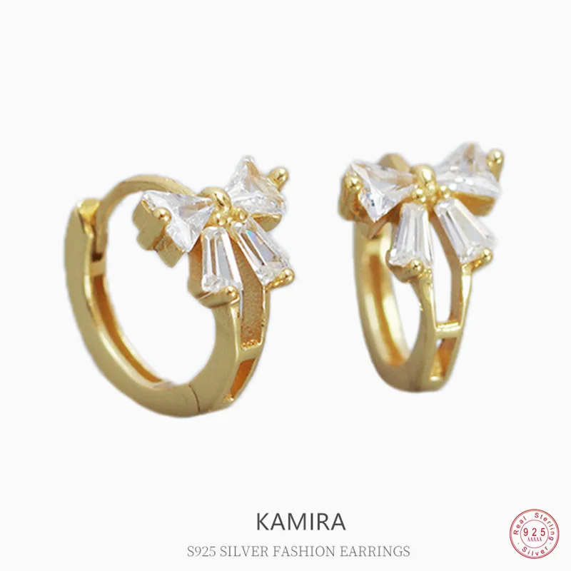 KAMIRA 925 スターリングシルバー韓国ファッションウェディングジュエリーチャーム優しい甘い弓ジルコンイヤリング女性のための記念日ガールギフト