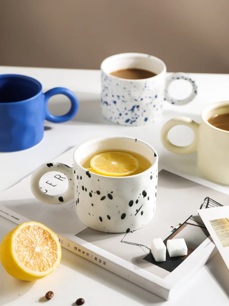 Chubby Handle Splashing Ink Ceramic Mug Coffee Nordic Style Simple Office Tea Cup Cute Mugs and Cups 300ML
