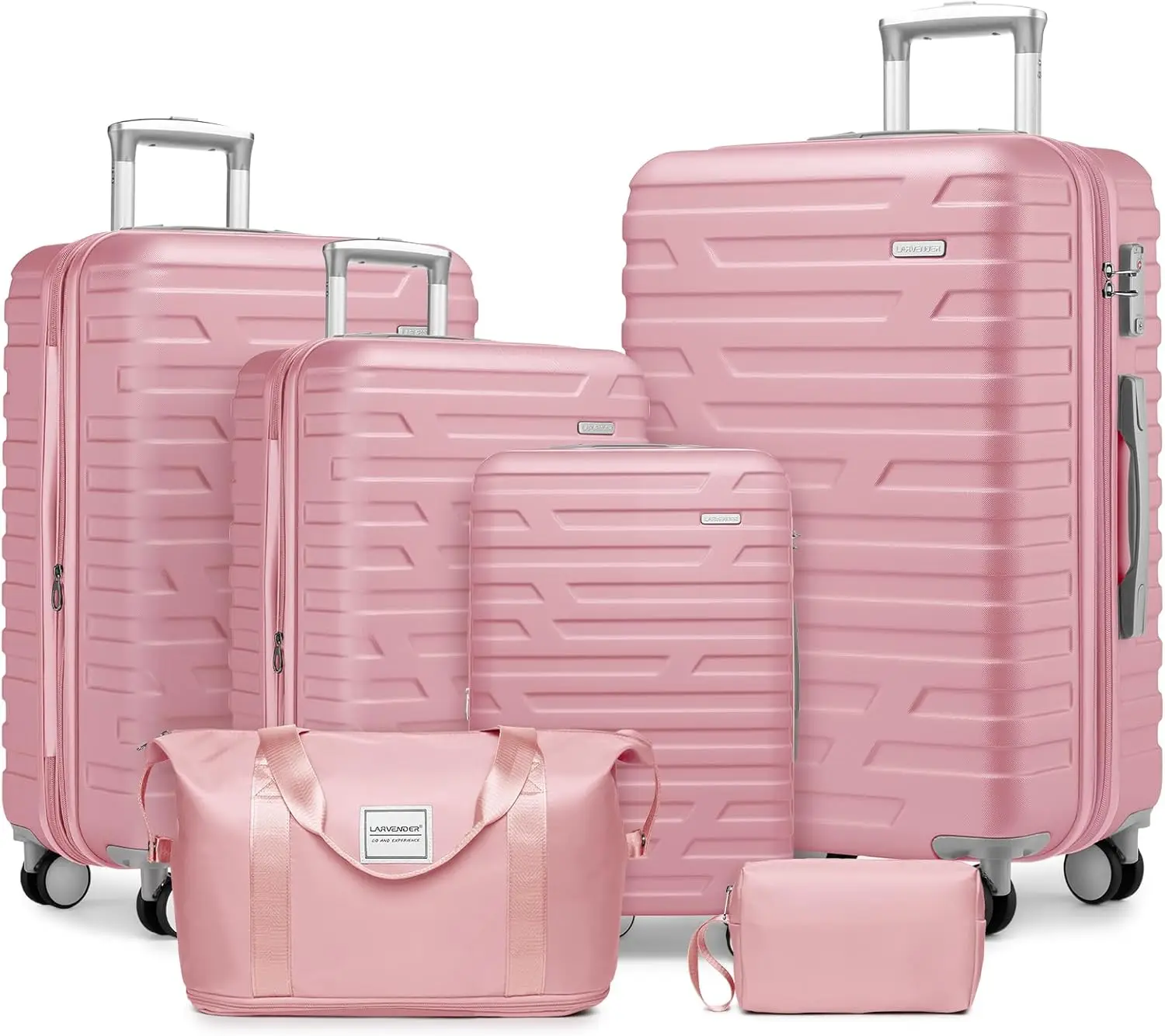 Set Koper 6 Buah dengan Tas Duffel, Koper Keras yang Dapat Diperluas dengan Roda Spinner dan Kunci TSA, Koper Kapasitas Besar Warna Pink