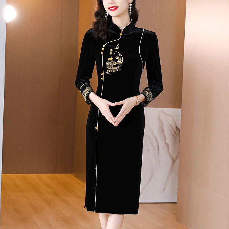 

2023 New Fashion Golden Velvet Dress Women's Autumn and Winter Improved Qipao Long Sleeve Loose Fit Casual Party Dress Vestidos