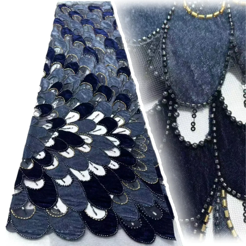 

2026 Nigerian Tulle Sequined Lace Fabric Luxury African Beaded Mesh Lace Fabric Velvet Lace Women's Evening Christmas Dress 2189