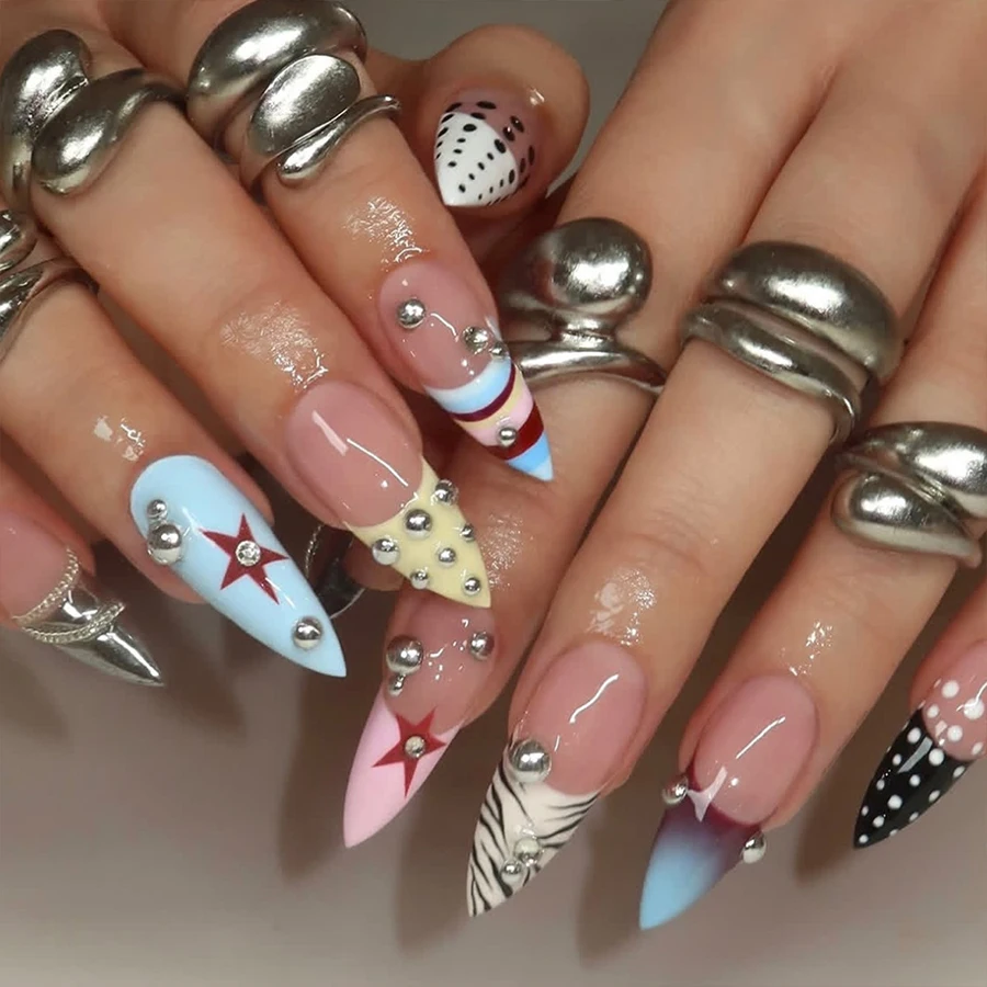 24-Piece Set of Long Pointed Nude Color Press-On Nails with Five-Pointed Star, Polka Dot, Striped, Leopard Print, and Color-Blocking Design, with Rhinestone Chain Decoration, Removable Nail Art Stickers Set, Includes Jelly Glue and Nail File