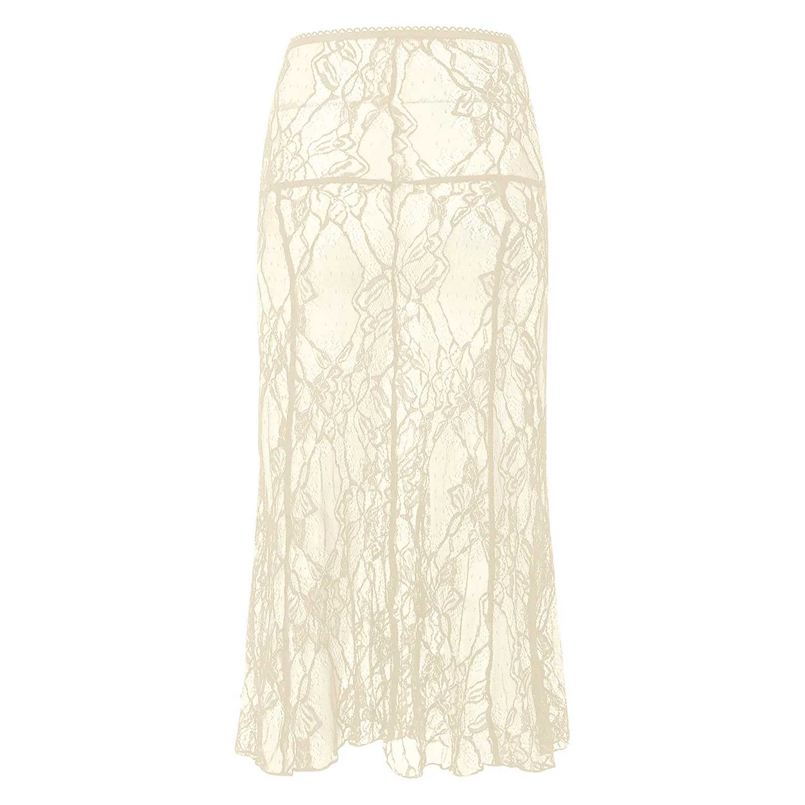 Women Lace Mermaid Skirt See Through Floral Lace High Waist Elastic Waistband Midi Skirt Cover-up Skirt for Party Daily Beach