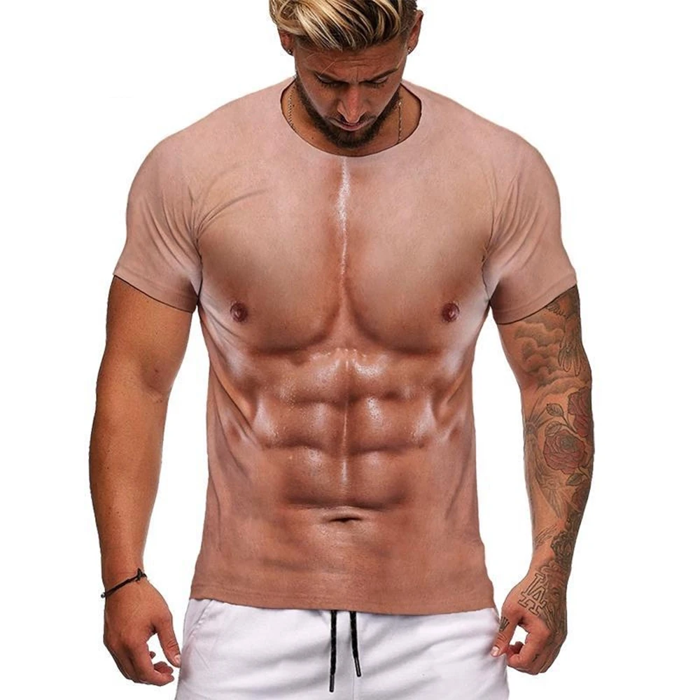 Summer fashion trend fun 3D printing men\'s personalized fake muscle printed T-shirt street casual comfortable short sleeved top