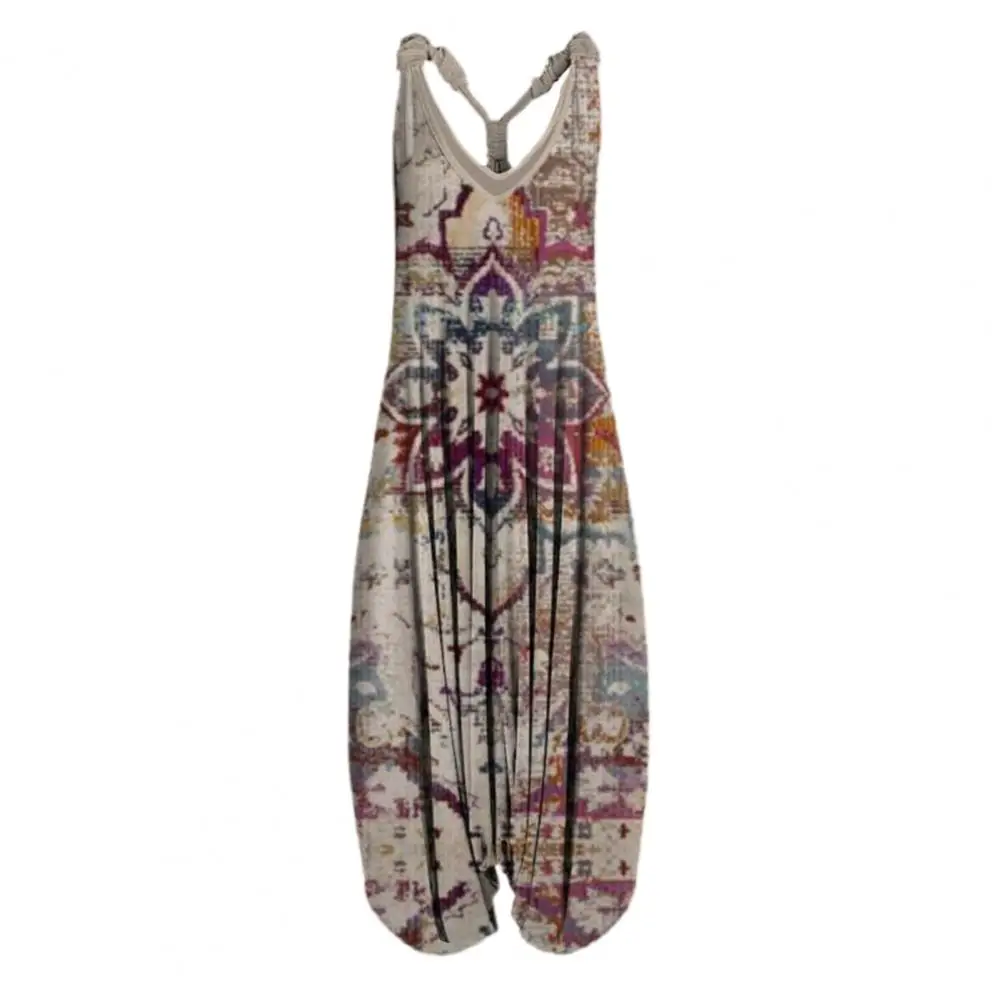 Boho Casual Jumpsuits Women Casual Floral Print Rompers Loose Plus Size Casual Sleeveless Strappy Jumpsuit Vintage Ethnic Style