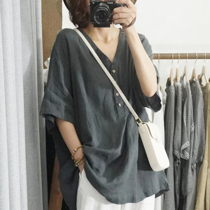 2024 Summer New Korean Edition Shirt Slim and Casual V-neck Large Imitation Cotton Linen Loose Shirt Half Sleeve Top for Women