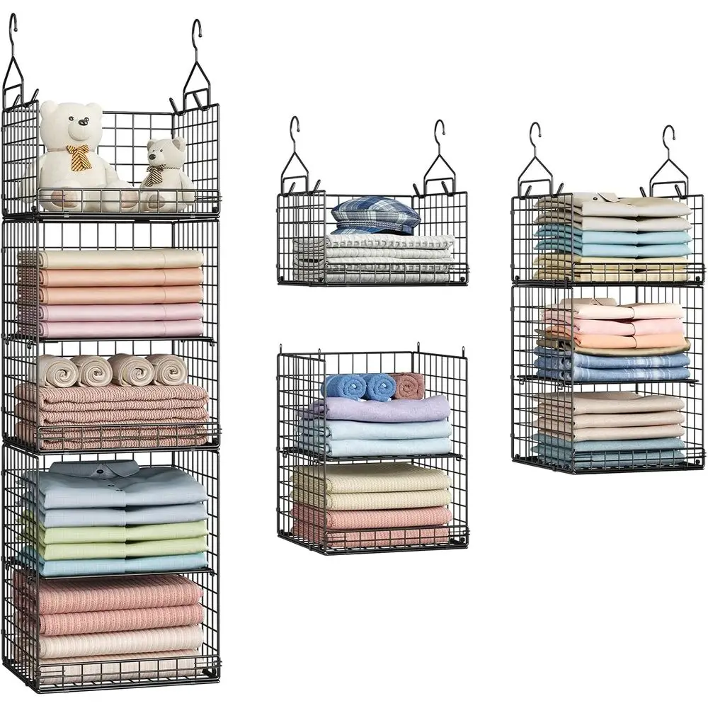 

5 Tier Hanging Organizer with 4 Hooks, 2 Adjustable Dividers, Wire Storage Baskets