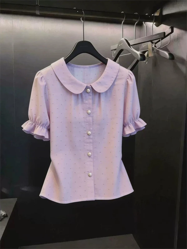 

Elegant Doll Collar Short Sleeve Loose Fit Bubble Sleeve Shirt for Women Summer Casual High-End Feeling Fashionable Top