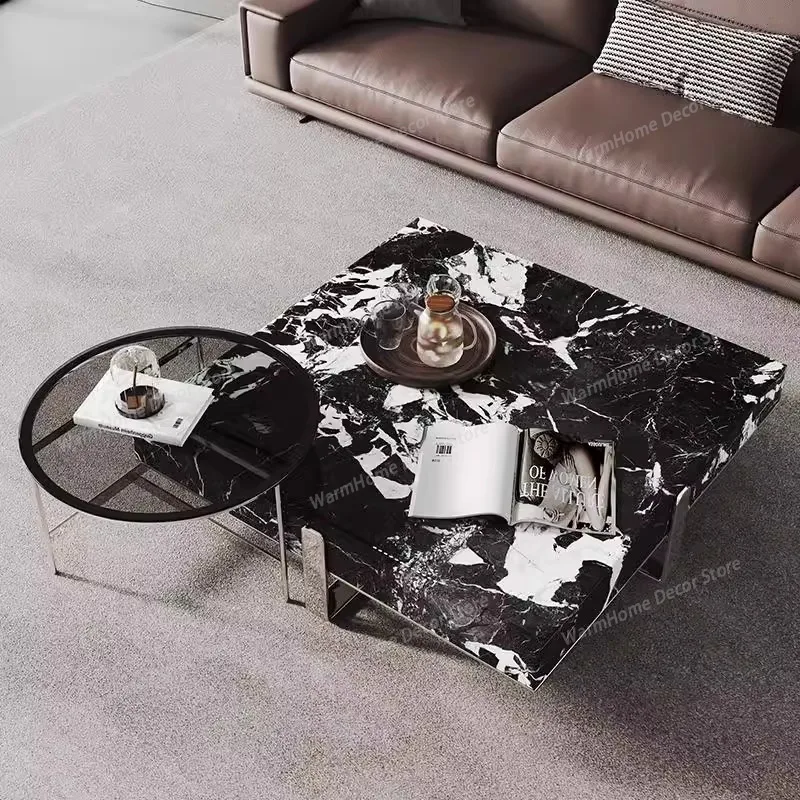 

Black White Quartz Square Coffee Table Set, Italian Minimalist Designer for All Spaces, Heat & Scratch Resistant, Customizable