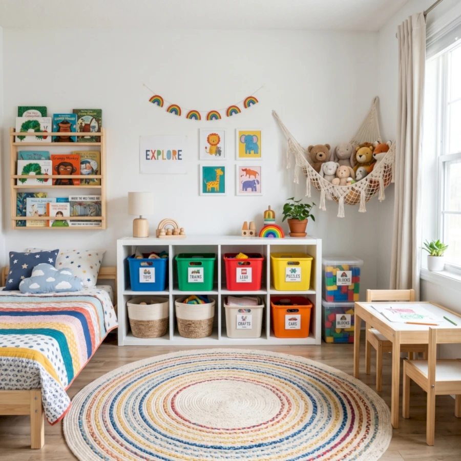 Rotina de organização de brinquedos no quarto infantil