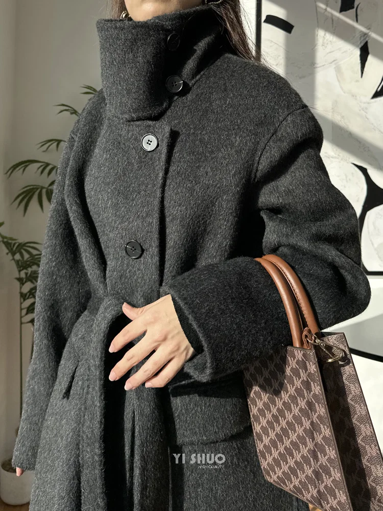 RosEvans Maillard Brown Long Stand-up Collar Wool Coat Women Double-sided Wool Cashmere Lace-up Wool Coatwool Coat Women 2023