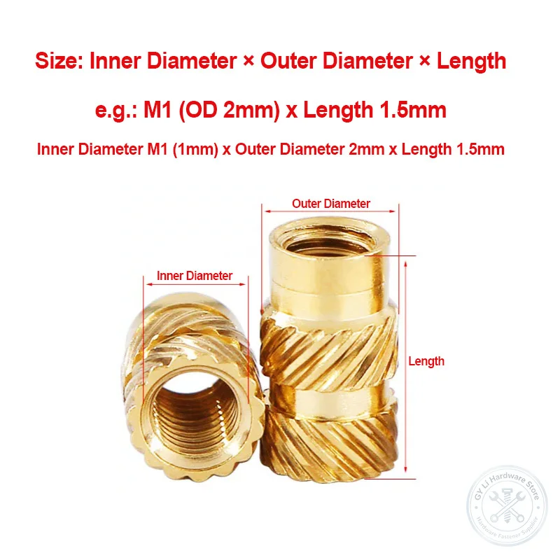 M1 M1.4 M1.6 M1.7 M2 M2.5 M3 Brass Heat Set Insert Nut Double Twill Knurled Embedded Nut For Injection Molding Plastic Hardware
