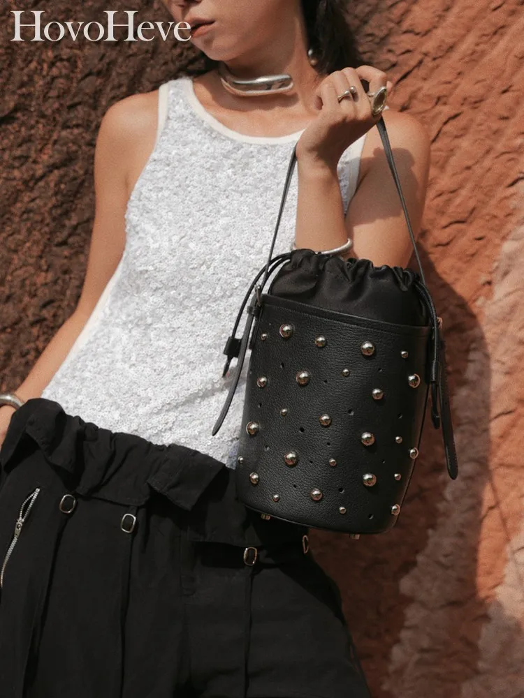 

Женская офисная сумка в стиле ретро с заклепками на шнурке, сумка из натуральной кожи, мягкая кожаная сумка на одно плечо, универсальный дизайн, сумка через плечо