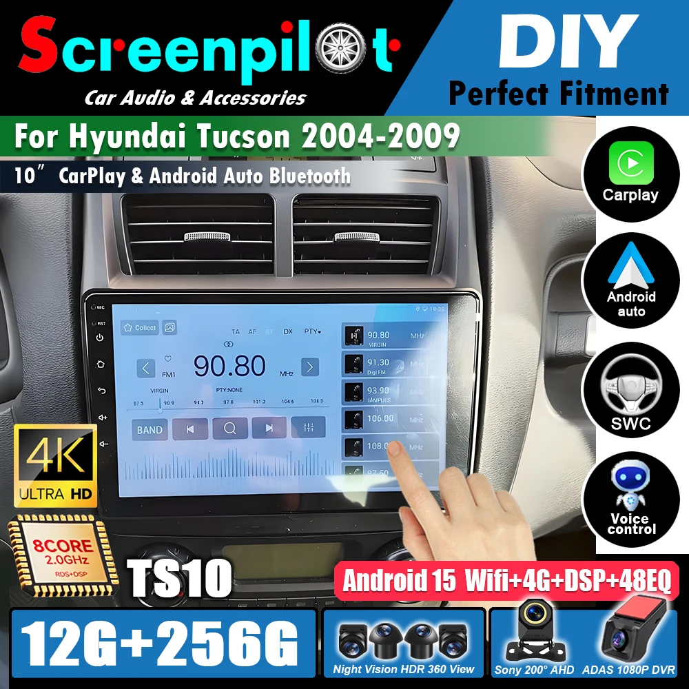 Radio para Auto Android 16 con Carplay para Hyundai Tucson 2004-2009, Reproductor Multimedia de Video, Navegación GPS, Pantalla Táctil Estéreo, Bluetooth, GPS