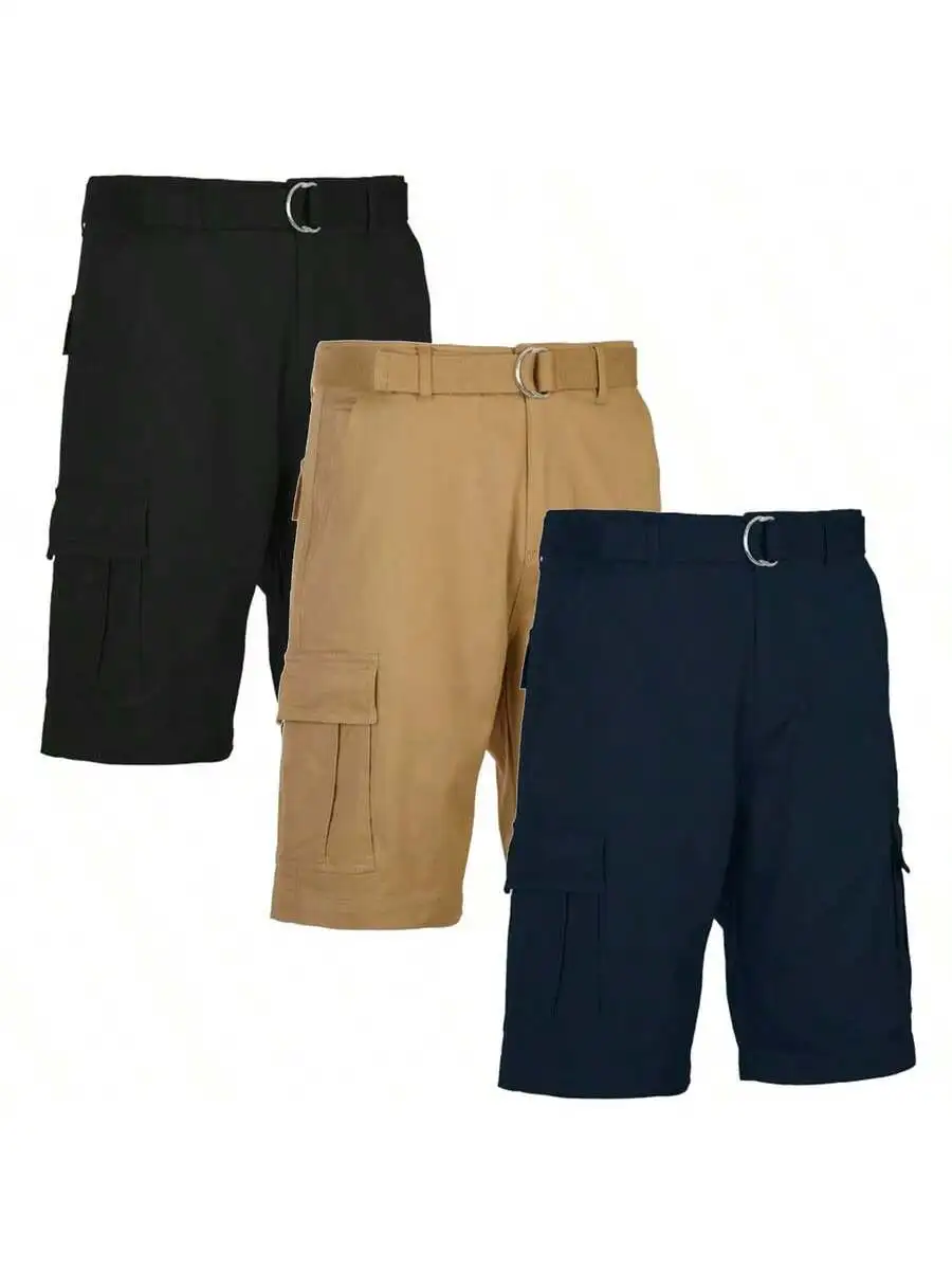 

3-Pack Mens Belted Cotton Cargo Shorts Casual Loose Fit Knee Length