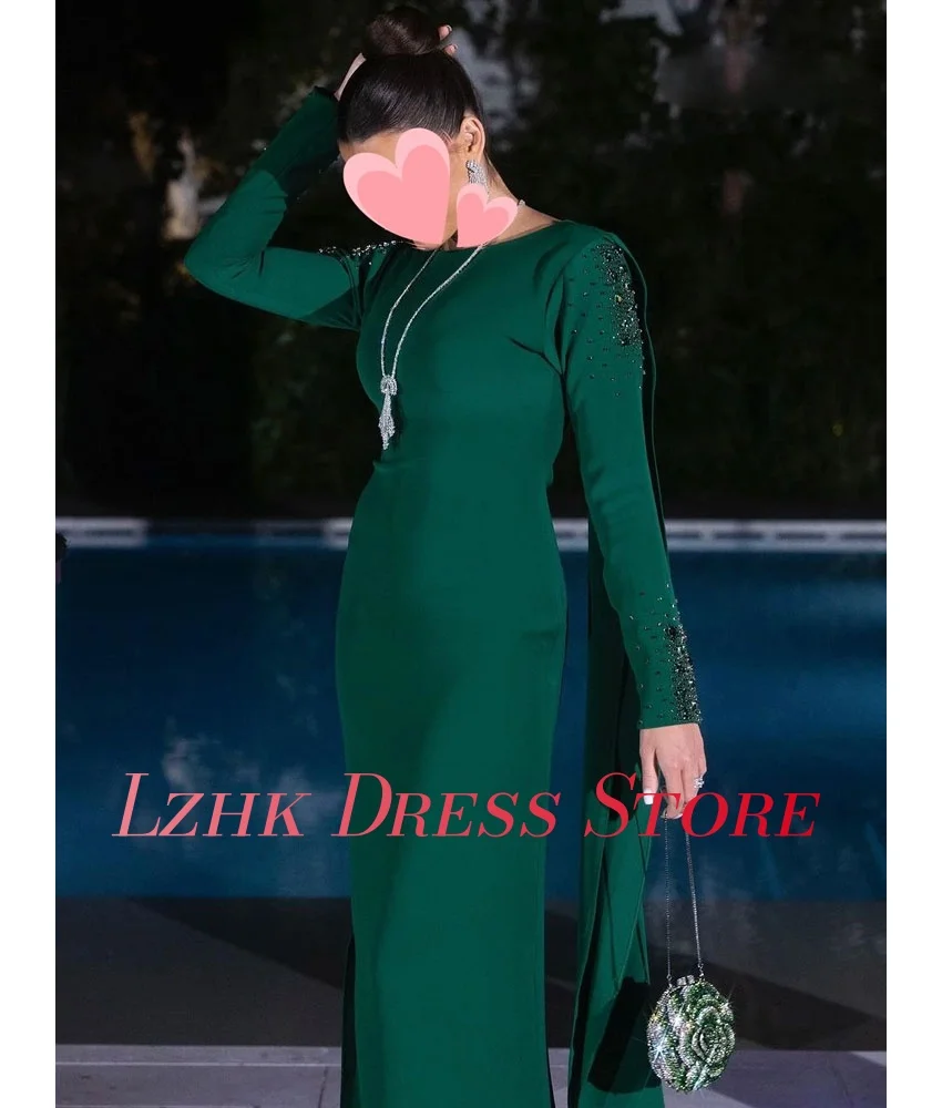 맞춤형 공식 저지 스트레이트 크리스탈 진주 이브닝 드레스 고품질 긴 소매 오-넥 바닥 길이 연예인 가운