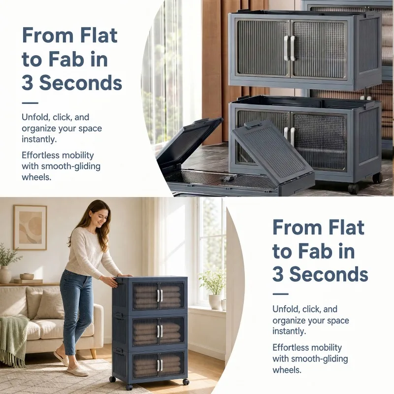 3‑Tier Foldable Plastic Storage Cabinet with Wheels, Stackable Dust‑Proof Storage Organizer with Flip‑Double‑Door, Portable Rolling Storage Bin for Bedroom, Closet, Living‑Room, Pantry view 3