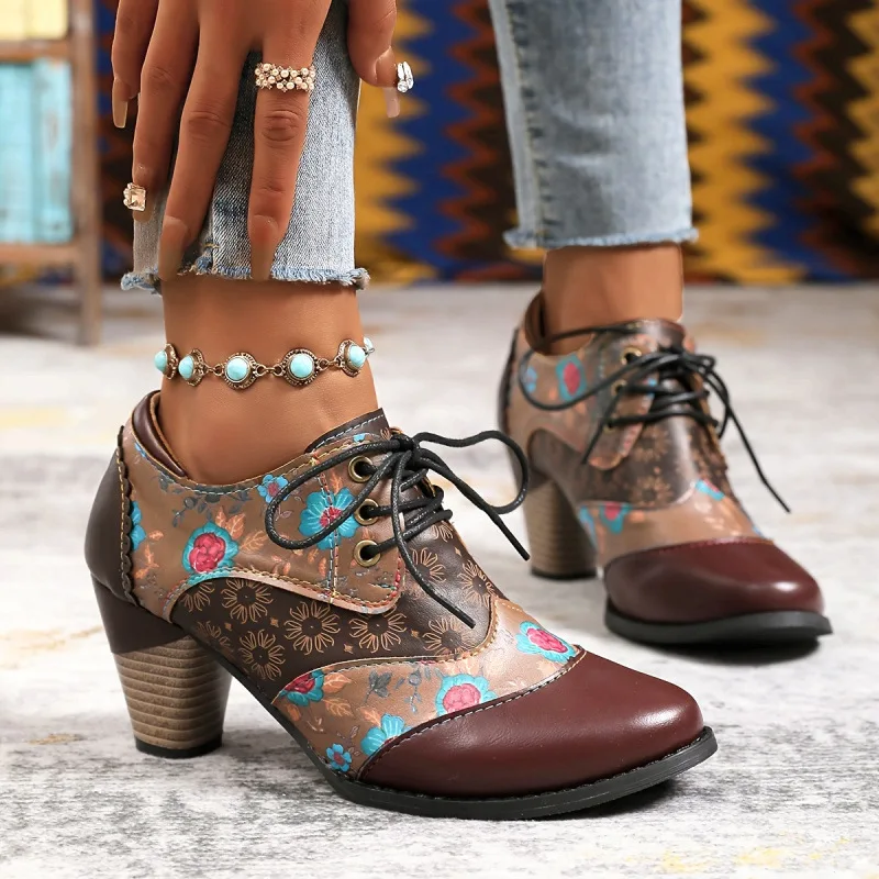 HKDQ Women's Pumps Round Toe Chunky Heel Lace-Up Design Floral Pattern Detail Smooth-Look Finish Vintage Fashion Dress Shoes