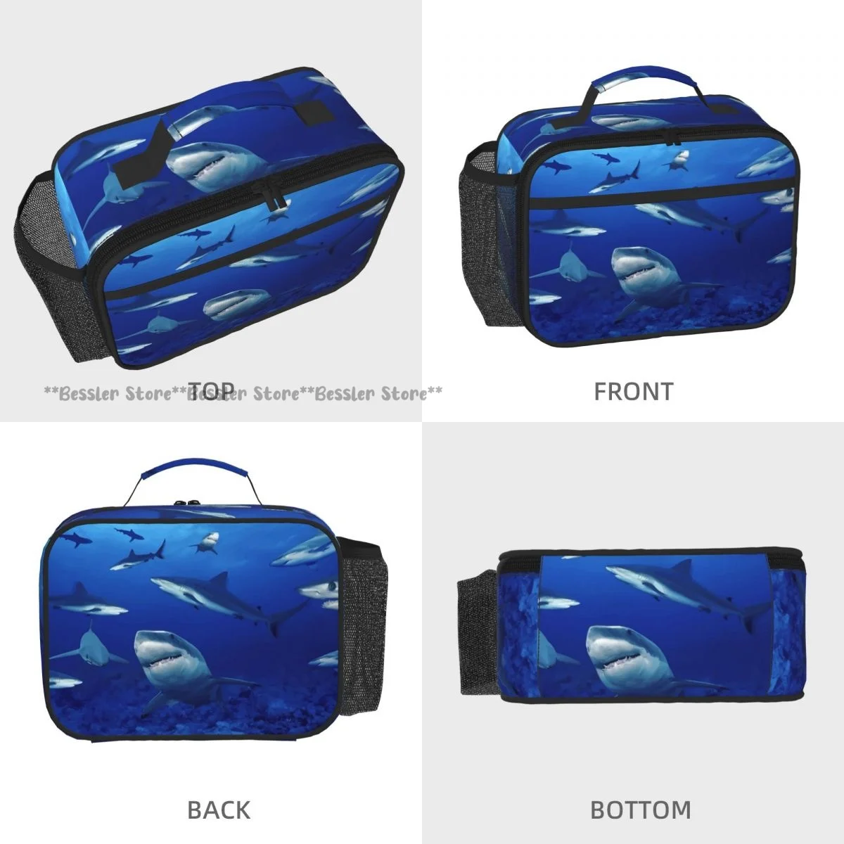 Reusable Handheld Thermal Bento Bag Sharks Insulated Lunch Carrier for School Office Outdoor Use