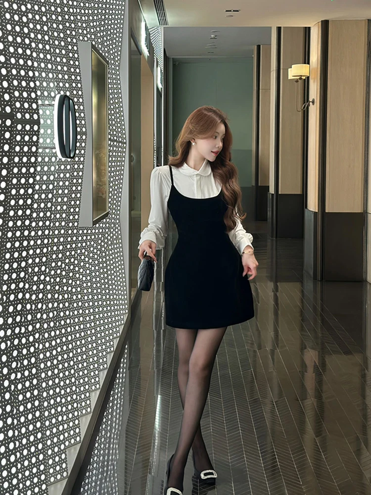 

Корейский модный комплект из бархатной рубашки с длинным рукавом и бархатной юбки для женщин, осенне-зимний, новый, повседневный стиль