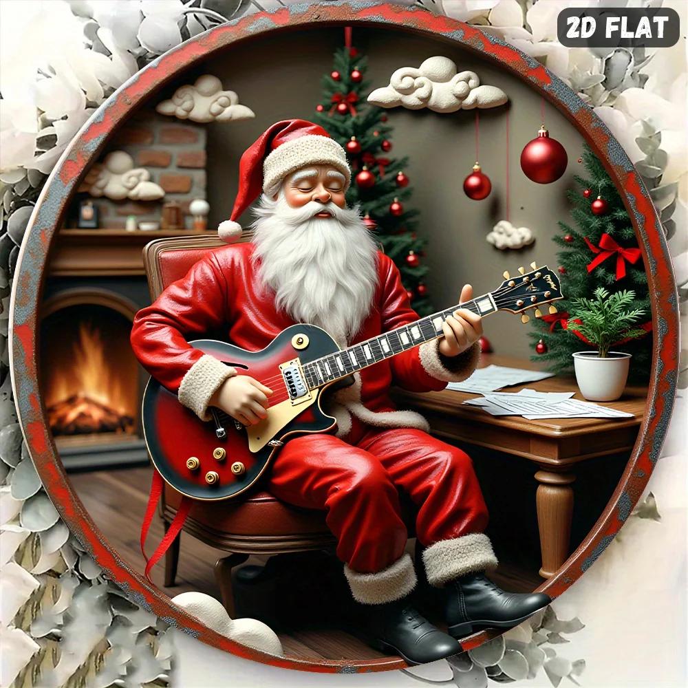 Santa Guitar 2D Flat Metal Wall Art, Round Christmas Sign,Holiday Decor Plaque for Kitchen Garden Office