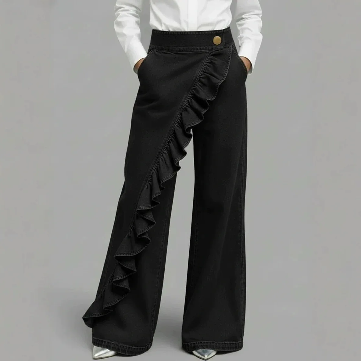 Women's High Waist Wide Leg Pants Asymmetric Ruffle Hem Denim Trousers Vintage Washed Loose Long Jeans 3 Colors