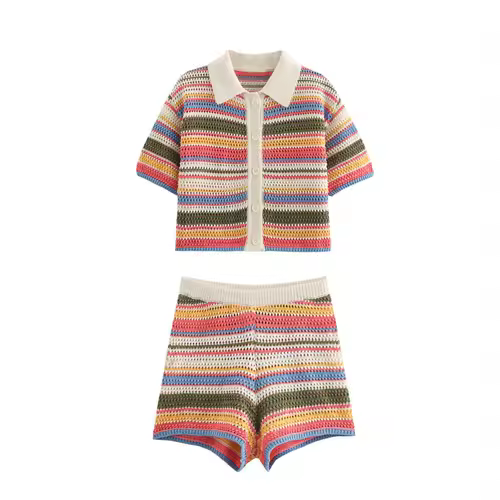 Women Patchwork Striped Hollow Out Crochet Knitted Crop Sweater Shorts Set Short Sleeve Polo Collar Sweater Knit Shorts Suit Y2K - Image 13