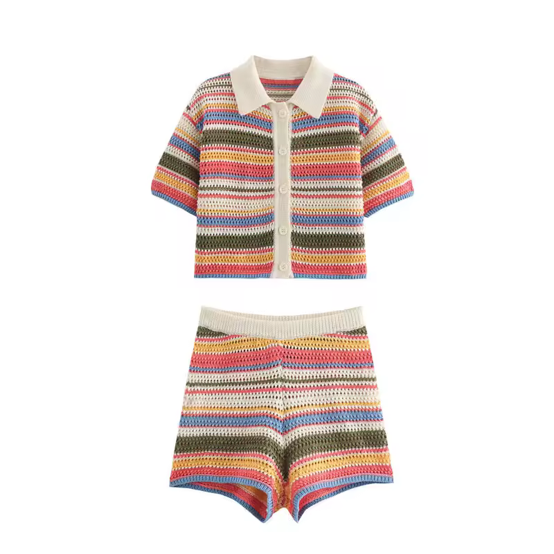 Women Patchwork Striped Hollow Out Crochet Knitted Crop Sweater Shorts Set Short Sleeve Polo Collar Sweater Knit Shorts Suit Y2K - Image 13