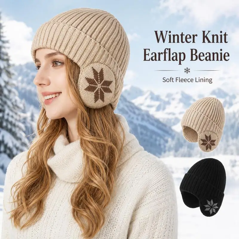 Winter Fleece-Lined Earflap Knit Beanie, Unisex Warm Ribbed Hat with Snowflake Ear Covers for Outdoor Travel