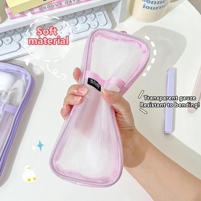 Simple Transparent Pencil Case Fashion Mesh Large Capacity Casual Zipper Pouch Pen Bag Stationery Storage Bag School Supplies