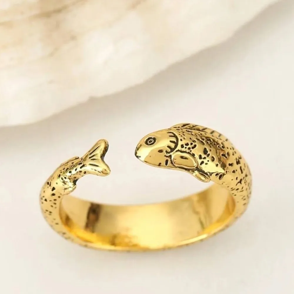 Bohemian Simple Fish Shaped Ring Alloy Gold Vintage Adjustable Ring Silver Distressed Retro Open Ring Unisex