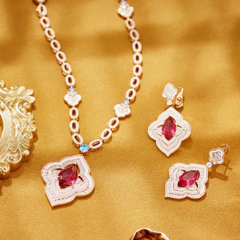 Designer Fashion Necklace Earrings Women Lady Inlay Red Cubic Zircon Opal Rhombus Pendant High-end Jewelry Sets
