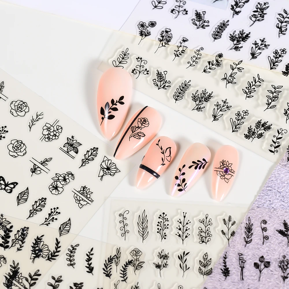 Autocollants floraux noirs pour Nail Art, 12 pièces, feuilles d'herbe de palmier et dessins floraux, décalcomanies pour Nail Art, motifs de fleurs rétro élégants, fournitures pour ongles