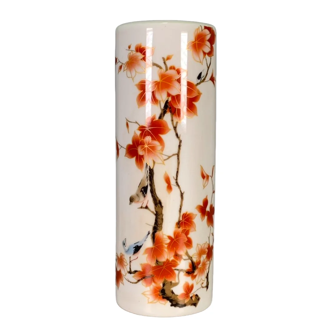 Chinese Antique Porcelain Tongzhi Mark Famille Rose Red Maple Brush Pot Incense Tube Chinese Curio Collectible Desktop Ornament