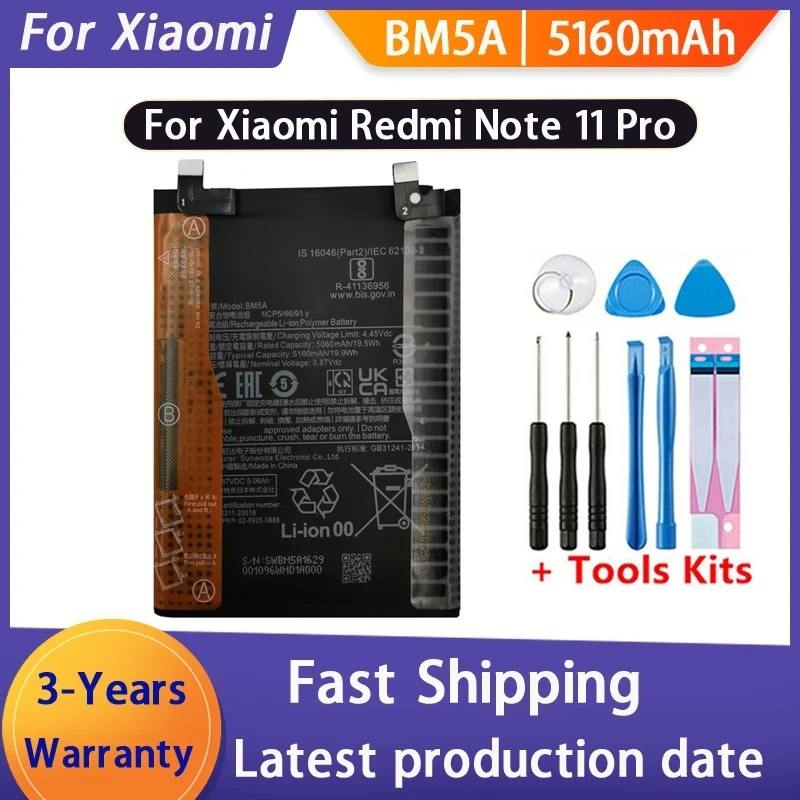 100% 5160mAh Brand New BM5A Battery For Xiaomi MIUI Redmi Note 11 Pro 11pro Phone Replacement Batteries Bateria Batterij+Tools