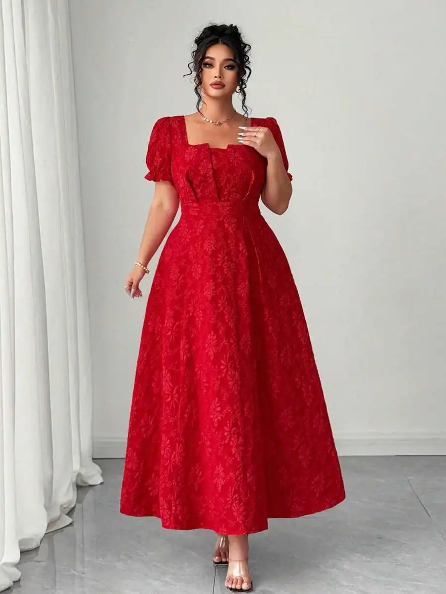 

Red Vintage Floral Jacquard Long Dress with Square Neck and Puffed Sleeves