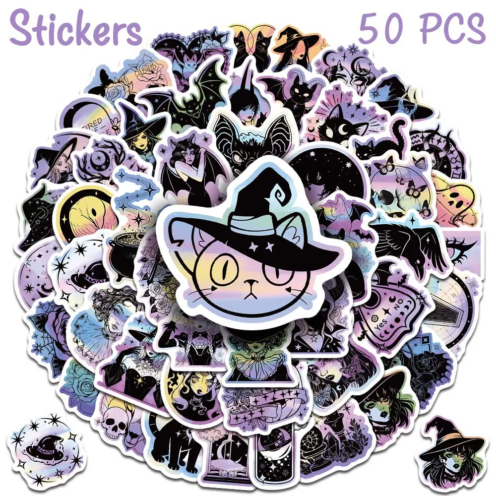 50pcs Halloween Witch Stickers Pastel Goth Laser Film Coating Decal For Laptop Journal Phone Scrapbook DIY Aesthetic Stickers