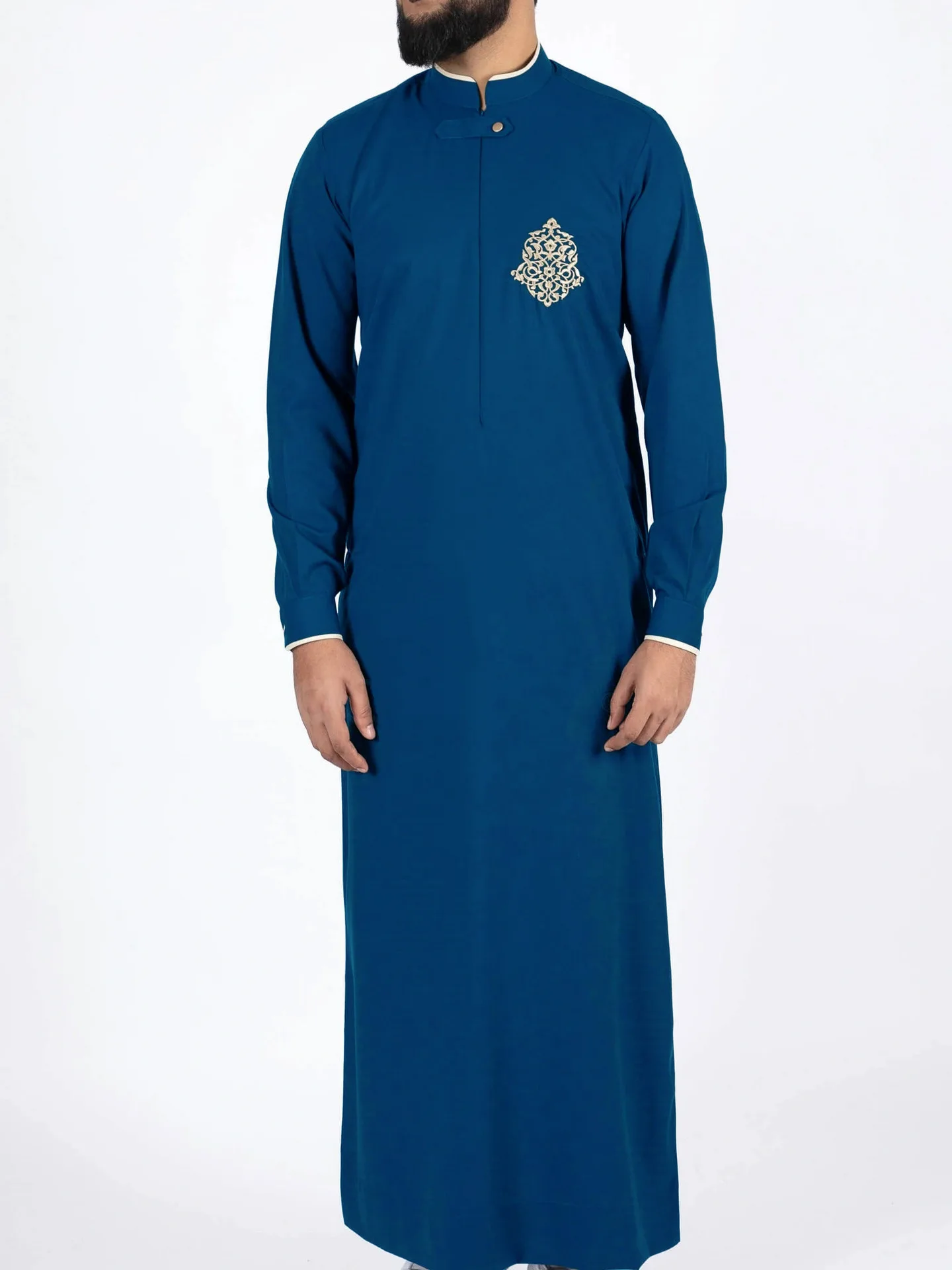 

Мужская традиционная мусульманская рубашка-кафтан (тхобе/тауб) с вышивкой, этническим карманом, длинным рукавом, повседневная, из смесового льна, в марокканском стиле