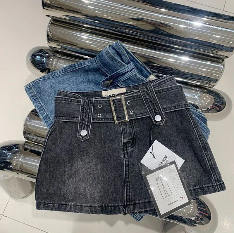 Y2K Belt Denim Mini Skirts Women Streetwear Club High Waist Jeans Skirt Vintage Harajuku Korean Slim All Match A Line Skirt New