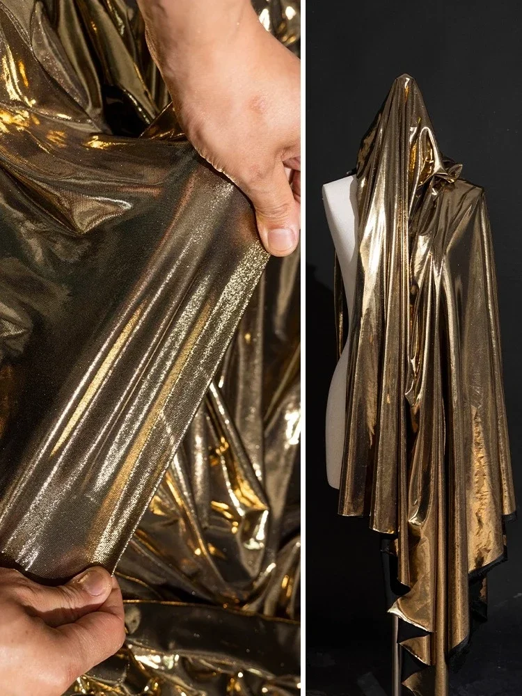 Deep blue gold-plated shiny leather, elastic knitted spandex fabric sewing evening gowns fashionable pants clothing fabrics