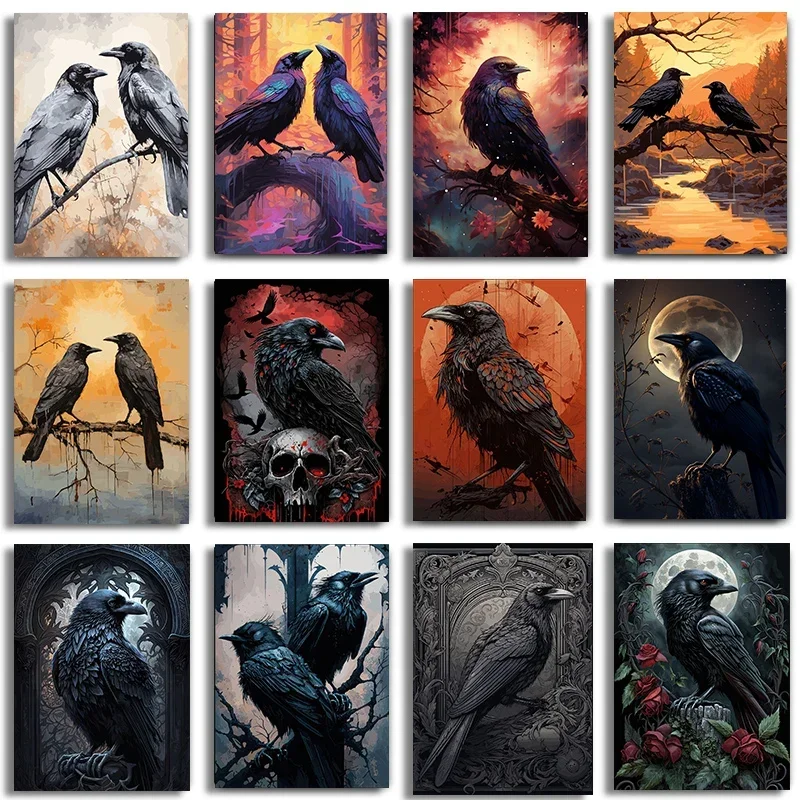 Frameless canvas paintings,Gothic Skull Raven Horror Art Poster Prints Dreadful Crow and Full Moon Canvas Painting Wall Art  for
