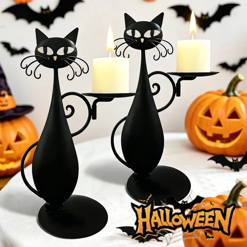 1-4PCS Black Cat Pillar Candle Stand Vintage Iron Art Sculpture Ornament for Dining Room Halloween Centerpiece