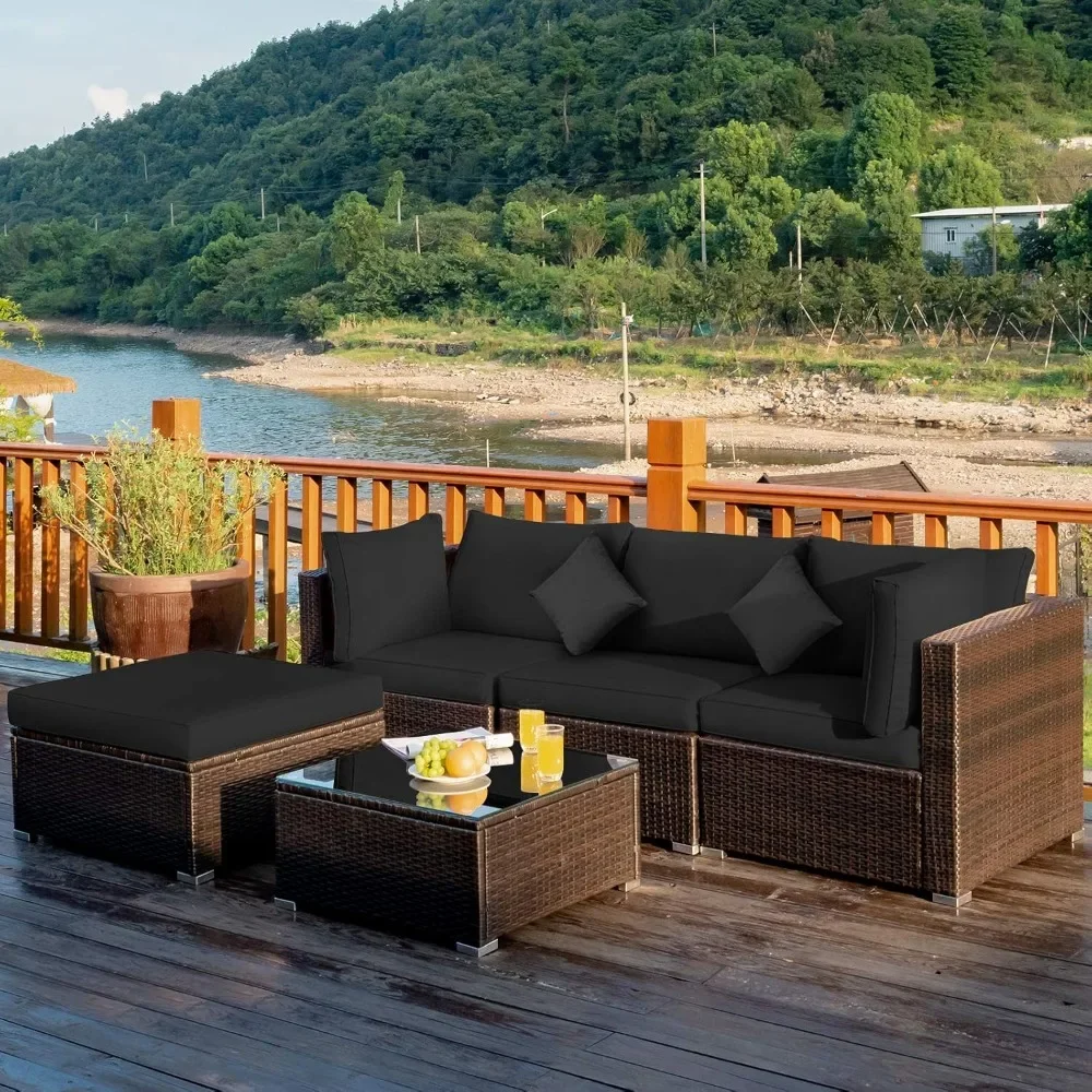 5 Piece Patio Rattan Furniture Set with Back & Seat Cushions, Tempered Glass Table, Outdoor Sectional Wicker Conversation Set