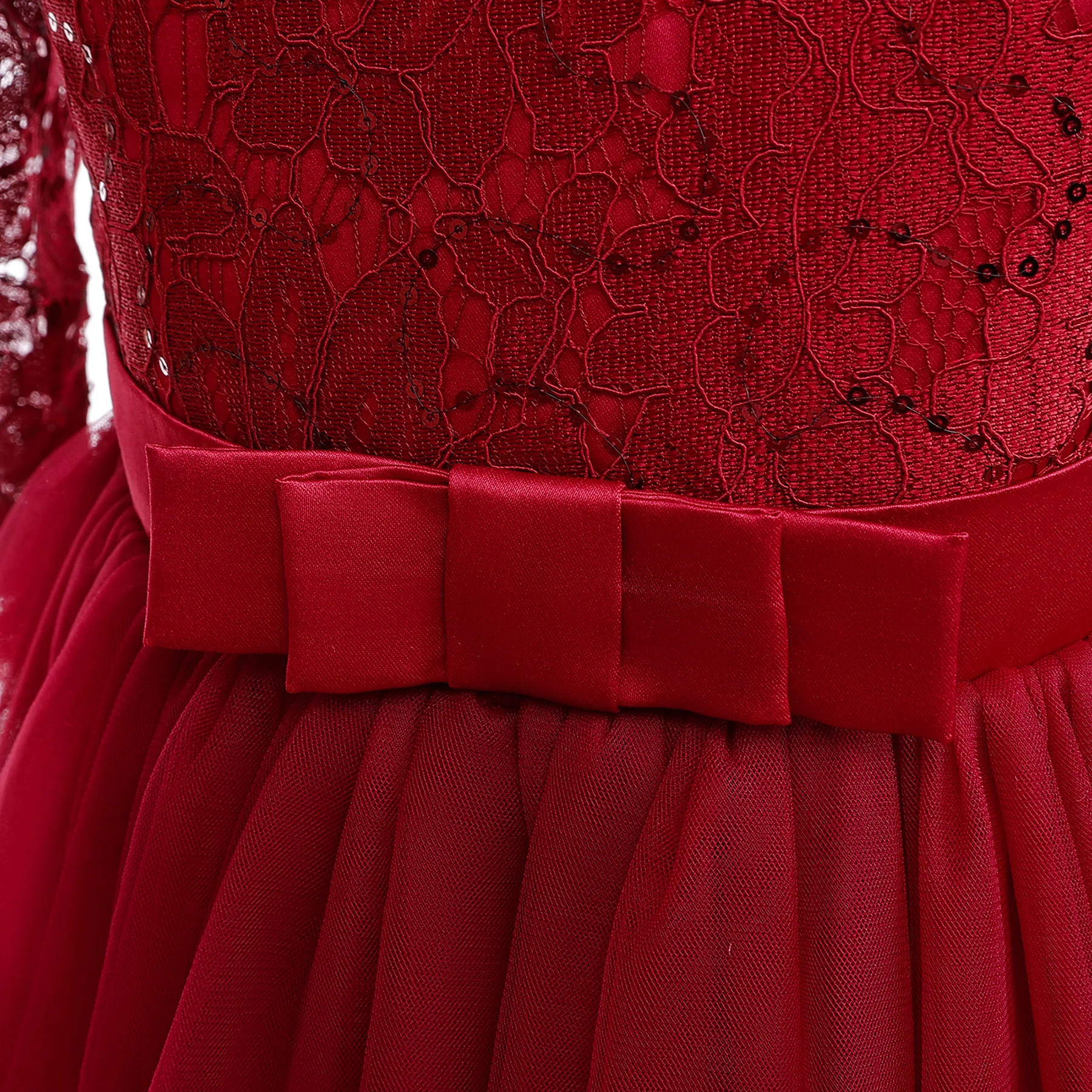 HETISO Kids Girls Princess Dress Hollow Lace Christmas Halloween Fancy Party Gown Long Sleeve Red Tulle for 6 8 10 12 Years