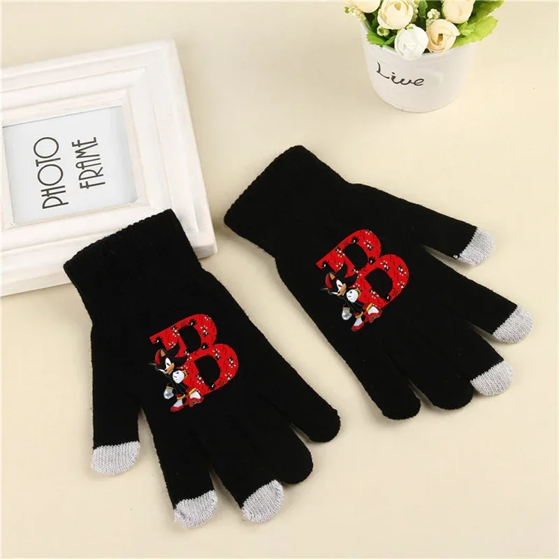 Sonics Children's Knitted Gloves Fashion Letter Printed Five Finger Mittens Cartoon Anime Touchable Screen Winter Warm Kids Gift