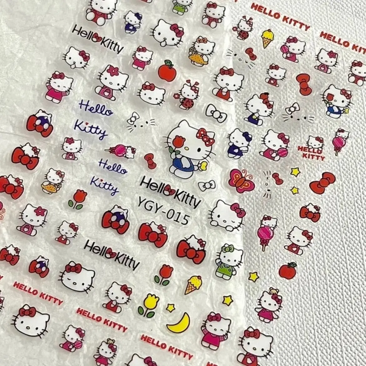 

1Pc 5D Embossed Kawaii Tanning Hello Kitty Nail Sticker 3D Cartoon Hawaii Hello Kitty Bow Adhesive Decals Vacation Nail Sliders