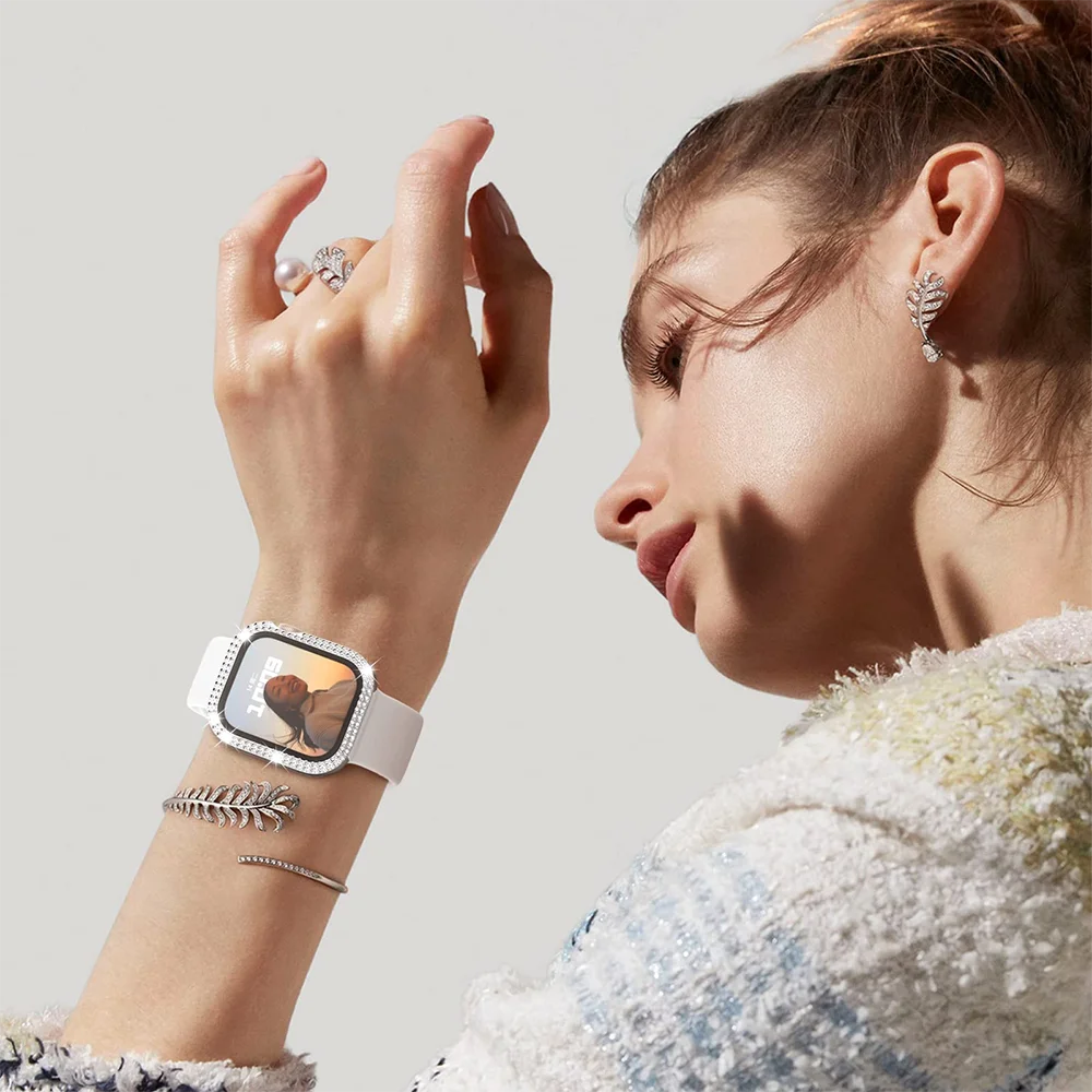 Diamanten Hoes Voor Apple Watch Case 45Mm 41Mm 44Mm 40Mm Gehard Glas Screen Protector Iwatch Accessoires Serie 9 7 Se 6 8 5 4